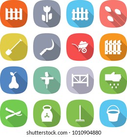 flat vector icon set - fence vector, perishable, seeds, shovel, sickle, wheelbarrow, pear, scarecrow, farm, sow, pruner, fertilizer, rake, bucket