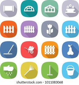 flat vector icon set - fence vector, greenhouse, flower bed, perishable, rake, wheelbarrow, pear, sow, bucket