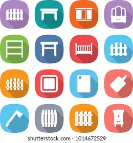 flat vector icon set - fence vector, table, wardrobe, dresser, rack, stool, crib, cutting board, axe, barrel, hive