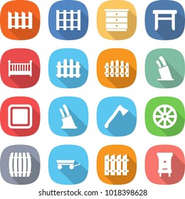 flat vector icon set - fence vector, pallet, chest of drawers, stool, crib, stands for knives, cutting board, knife holder, axe, wheel, barrel, trailer, hive