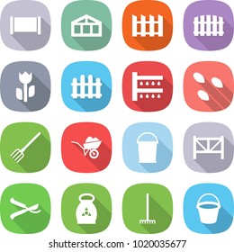 flat vector icon set - fence vector, greenhouse, perishable, watering, seeds, fork, wheelbarrow, bucket, farm, pruner, fertilizer, rake