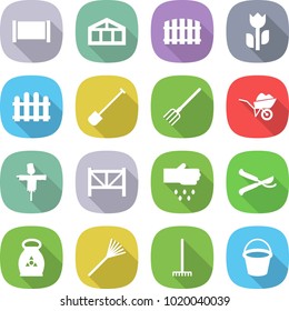 flat vector icon set - fence vector, greenhouse, perishable, shovel, fork, wheelbarrow, scarecrow, farm, sow, pruner, fertilizer, rake, bucket