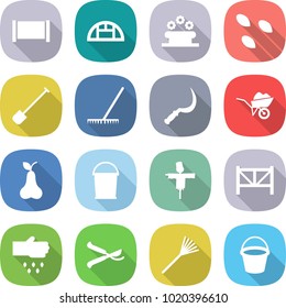 flat vector icon set - fence vector, greenhouse, flower bed, seeds, shovel, rake, sickle, wheelbarrow, pear, bucket, scarecrow, farm, sow, pruner