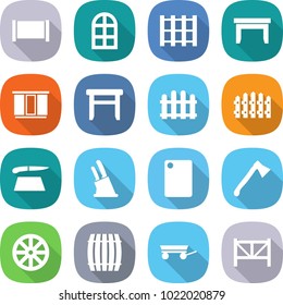 flat vector icon set - fence vector, arch window, pallet, table, wardrobe, stool, cutting board, knife holder, axe, wheel, barrel, trailer, farm
