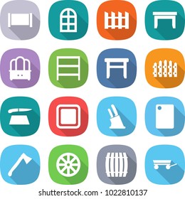 flat vector icon set - fence vector, arch window, table, dresser, rack, stool, cutting board, knife holder, axe, wheel, barrel, trailer