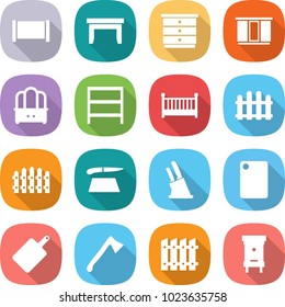 flat vector icon set - fence vector, table, chest of drawers, wardrobe, dresser, rack, crib, cutting board, knife holder, axe, hive