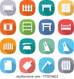 flat vector icon set - fence vector, table, chest of drawers, wardrobe, rack, stool, crib, cutting board, stands for knives, knife holder, axe, barrel