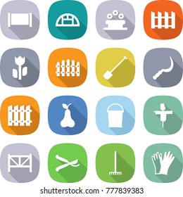 flat vector icon set - fence vector, greenhouse, flower bed, perishable, shovel, sickle, pear, bucket, scarecrow, farm, pruner, rake, gloves