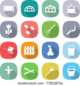 flat vector icon set - fence vector, greenhouse, flower bed, perishable, seeds, fork, sickle, wheelbarrow, pear, bucket, scarecrow, pruner, rake