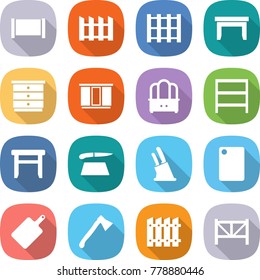 flat vector icon set - fence vector, pallet, table, chest of drawers, wardrobe, dresser, rack, stool, cutting board, knife holder, axe, farm