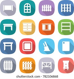 flat vector icon set - fence vector, arch window, pallet, table, chest of drawers, wardrobe, rack, stool, cutting board, knife holder, barrel, farm, hive