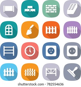 flat vector icon set - fence vector, block wall, brick, arch window, construction, rack, watch, power socket, farm, scraper