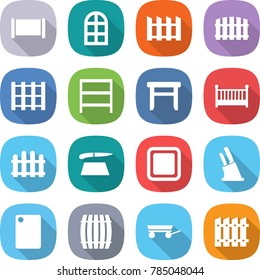 flat vector icon set - fence vector, arch window, pallet, rack, stool, crib, cutting board, knife holder, barrel, trailer