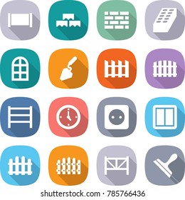 flat vector icon set - fence vector, block wall, brick, arch window, construction, rack, watch, power socket, switch, farm, scraper
