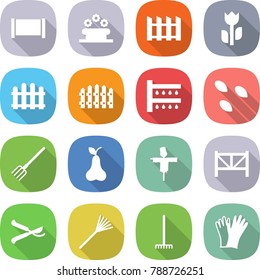 flat vector icon set - fence vector, flower bed, perishable, watering, seeds, fork, pear, scarecrow, farm, pruner, rake, gloves