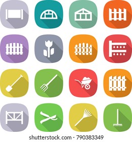 flat vector icon set - fence vector, greenhouse, perishable, watering, shovel, fork, wheelbarrow, farm, pruner, rake