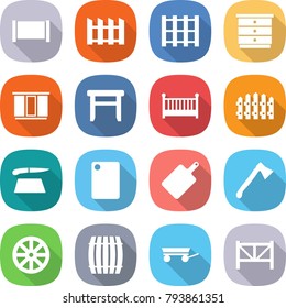 flat vector icon set - fence vector, pallet, chest of drawers, wardrobe, stool, crib, cutting board, axe, wheel, barrel, trailer, farm