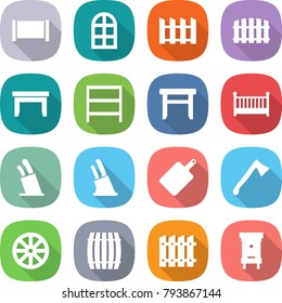 flat vector icon set - fence vector, arch window, table, rack, stool, crib, stands for knives, knife holder, cutting board, axe, wheel, barrel, hive
