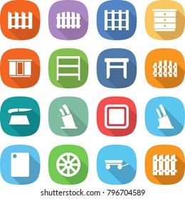 flat vector icon set - fence vector, pallet, chest of drawers, wardrobe, rack, stool, cutting board, stands for knives, knife holder, wheel, trailer