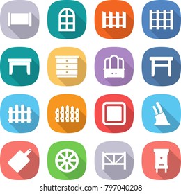 flat vector icon set - fence vector, arch window, pallet, table, chest of drawers, dresser, stool, cutting board, knife holder, wheel, farm, hive