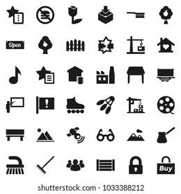 Flat vector icon set - fetlock vector, rake, turk coffee, blackboard, glasses, music, roller Skates, shuttlecock, no fastfood, attention, truck trailer, wood box, tulip, package, film spool, group