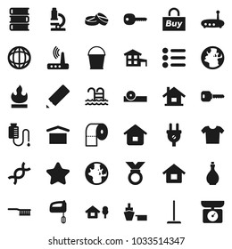 Flat vector icon set - fetlock vector, mop, bucket, toilet paper, oil, book, pencil, microscope, world, medal, pool, earth, port, dry cargo, flammable, dna, pills, eye doctor hat, drop counter, key