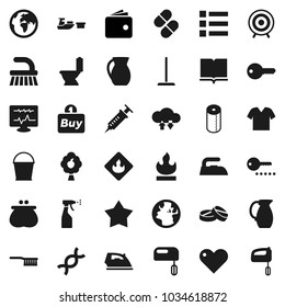 Flat vector icon set - fetlock vector, mop, bucket, iron, toilet, sprayer, paper, jug, book, wallet, target, earth, port, flammable, heart, dna, syringe, pills, diagnostic monitor, cloud exchange
