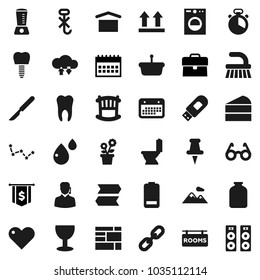 Flat vector icon set - fetlock vector, toilet, cook timer, jar, cake, glasses, constellation, case, dollar flag, calendar, consolidated cargo, glass, dry, top sign, no hook, heart, thumbtack, tooth