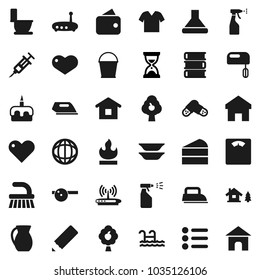 Flat vector icon set - fetlock vector, bucket, toilet, sprayer, plates, jug, cake, book, pencil, world, sand clock, scales, flammable, heart, syringe, pills, eye doctor hat, router, home, chalet