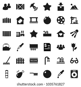 Flat vector icon set - fetlock vector, rake, welcome mat, kettle, chicken leg, glasses, annual report, fitball, shuttlecock, pool, traffic light, truck trailer, wood box, tulip, package, film frame