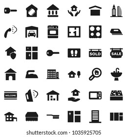 Flat vector icon set - fetlock vector, sponge, window cleaning, welcome mat, iron, steaming, shining, house hold, sink, oven, university, dry cargo, warehouse, key, cottage, chalet, garage, plan