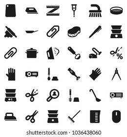 Flat vector icon set - fetlock vector, rake, sponge, steaming, toilet brush, rubber glove, pan, measuring cup, ladle, rolling pin, cutting board, double boiler, blender, sieve, drawing compass, pen