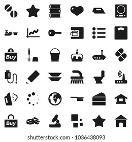 Flat vector icon set - fetlock vector, bucket, steaming, toilet, brush, plates, cake, book, pencil, microscope, graph, scales, earth, port, heart, pills, drop counter, router, loading, key, star