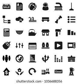 Flat vector icon set - fetlock vector, mop, house hold, kettle, colander, microwave oven, spices, university, calculator, dollar growth, man, personal information, calendar, office, sorting, rca