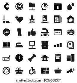 Flat vector icon set - fetlock vector, trash bin, iron, toilet brush, shining window, pan, oven, table lamp, archive, check, clock, dollar calendar, cent sign, pool, heart cross, bone, money, folder