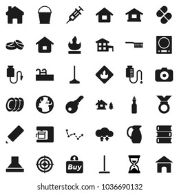 Flat vector icon set - fetlock vector, mop, bucket, plates, jug, oil, book, pencil, constellation, sand clock, target, medal, earth, flammable, camera, syringe, pills, drop counter, cloud exchange