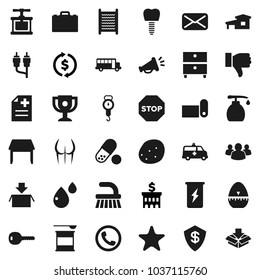 Flat vector icon set - fetlock vector, liquid soap, washboard, scales, cook timer, press, potato, case, award cup, school bus, archive, exchange, bank building, buttocks, pills, sports nutrition