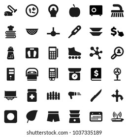 Flat vector icon set - fetlock vector, colander, knife, hand mill, double boiler, cookbook, plates, leaf, annual report, safe, dollar cursor, diet, scales, shorts, roller Skates, molecule, route