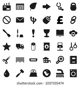 Flat vector icon set - fetlock vector, water drop, toilet brush, paper, kettle, spatula, meat hammer, book, copybook, schedule, leaf, pound, weight, prohibition sign, gymnast rings, attention, glass