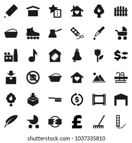 Flat vector icon set - fetlock vector, rake, foam basin, turk coffee, pen, pencil, bell, music, exchange, pound, roller Skates, pool, no fastfood, dry cargo, tulip, package, film frame, dropper