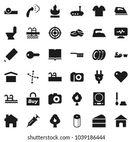 Flat vector icon set - fetlock vector, iron, steaming, toilet, brush, paper, plates, cake, book, pencil, constellation, target, pool, port, dry cargo, flammable, camera, heart, syringe, pills, home