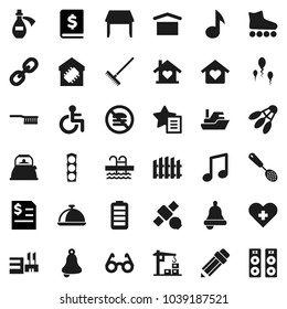 Flat vector icon set - fetlock vector, rake, kettle, skimmer, dish, pencil, glasses, bell, music, annual report, roller Skates, shuttlecock, pool, no fastfood, satellite, traffic light, ship, link