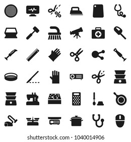 Flat vector icon set - fetlock vector, sponge, toilet brush, rubber glove, pan, meat hammer, cutting board, grater, double boiler, sieve, ruler, telescope, scissors, first aid kit, social media