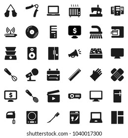 Flat vector icon set - fetlock vector, sponge, car, rubber glove, whisk, skimmer, mixer, ruler, backpack, notebook pc, monitor dollar, hand trainer, boxing, cinema clap, disk, microphone, speaker