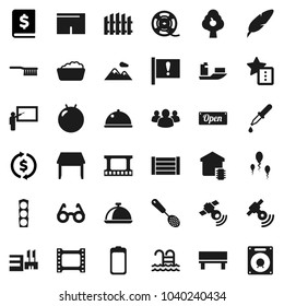 Flat vector icon set - fetlock vector, foam basin, skimmer, dish, pen, blackboard, glasses, exchange, annual report, fitball, shorts, pool, attention, traffic light, ship, wood box, film frame, open