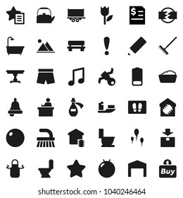 Flat vector icon set - fetlock vector, rake, welcome mat, toilet, foam basin, kettle, apron, pencil, student, bell, music, annual report, fitball, shorts, attention, satellite, ship, truck trailer