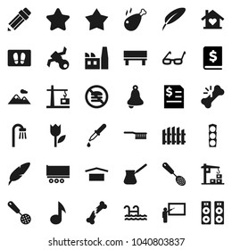 Flat vector icon set - fetlock vector, welcome mat, skimmer, turk coffee, chicken leg, pen, pencil, blackboard, glasses, bell, music, annual report, no fastfood, satellite, traffic light, dry cargo