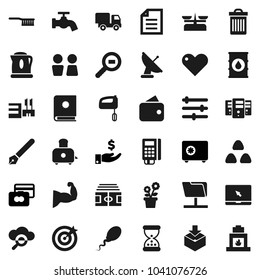 Flat vector icon set - fetlock vector, trash bin, water tap, closet, toaster, cereal, pen, document, credit card, investment, safe, stadium, muscule hand, package, oil barrel, cargo search, heart