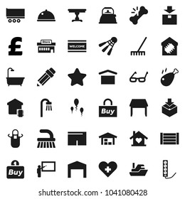 Flat vector icon set - fetlock vector, rake, welcome mat, kettle, apron, dish, chicken leg, pencil, blackboard, glasses, pound, shorts, shuttlecock, ship, truck trailer, wood box, dry cargo, package