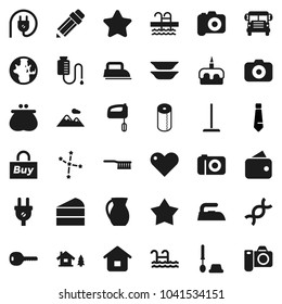 Flat vector icon set - fetlock vector, mop, iron, toilet brush, paper, plates, jug, cake, pencil, school bus, world, constellation, tie, pool, camera, heart, dna, drop counter, chalet, mountain, key